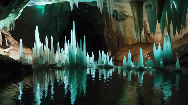 video of Underground cave chamber featuring stalactites and a mirror-like reflective pool	