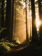 Fototapeta premium Golden hour hikes in the redwoods