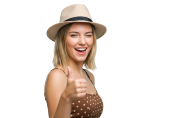 Happy woman with thumbs up isolated on transparent background