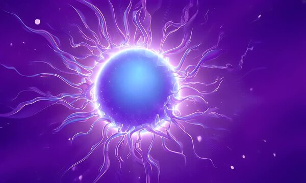 An abstract sun made of glowing lines, set against a purple background with a blue and pink glow around the center.