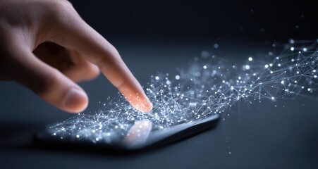 A hand touching a smartphone screen with digital network overlay