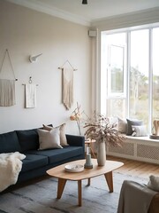 Scandinavian home interior design of modern living room. Stylish room with a dark blue sofa, neutral pillows, and modern decor creating a cozy and elegant atmosphere...