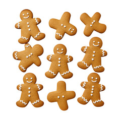 Freshly baked golden-brown gingerbread men cookies on a clean metallic baking sheet against a transparent isolated background, presented in a crisp, shadowless top-down commercial shot. Concept of