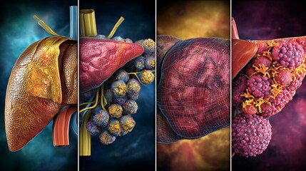  Human Liver In Abdominal Cavity, Realistic Textures With Visible Hepatic Veins And Lobes, Tumor Growth Stages Shown In Four Panels, Highlighted In Distinct