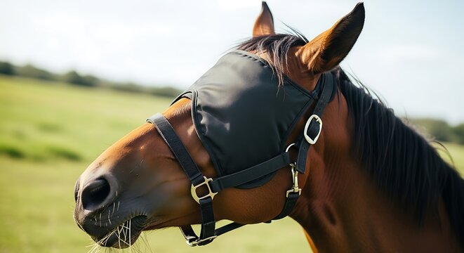 Equine tranquility featuring a horse wearing a protective fly mask for enhanced comfort - Powered by Adobe