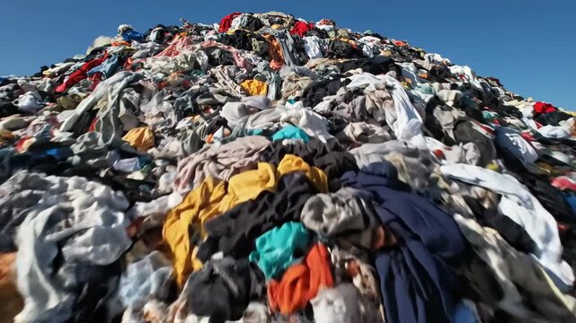 Textile Waste Mountain in Arid Landscape - A massive pile of discarded clothing forms a large hill against a clear blue sky.