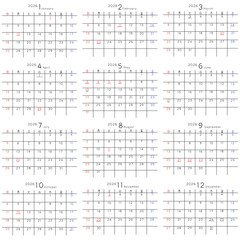 2026年　シンプルカレンダー　曜日 日本語セット