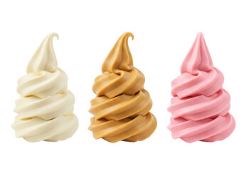 Three soft serve ice cream cones isolated on transparent background