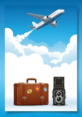 Vintage-inspired travel scene featuring airplane suitcase and camera on bright background