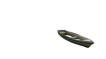 An old wooden rowboat floating on water isolated on transparent background