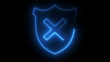 Blue Neon Shield with X Mark on Black Background security