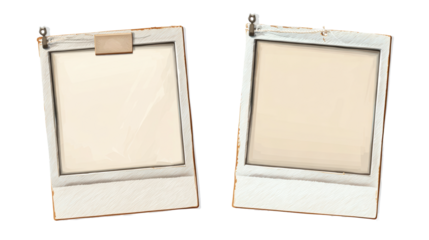 Two empty vintage photographic frames with textured surfaces and clips, cut out transparent
