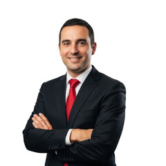 Smiling businessman in suit with arms crossed isolated on transparent background