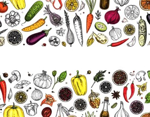 Colorful hand-drawn illustration of assorted vegetables and spices