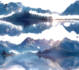 Scenic mountain range reflecting in a serene lake under a cloudy sky isolated on transparent background