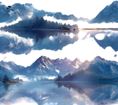 Scenic mountain range reflecting in a serene lake under a cloudy sky isolated on transparent background - Powered by Adobe