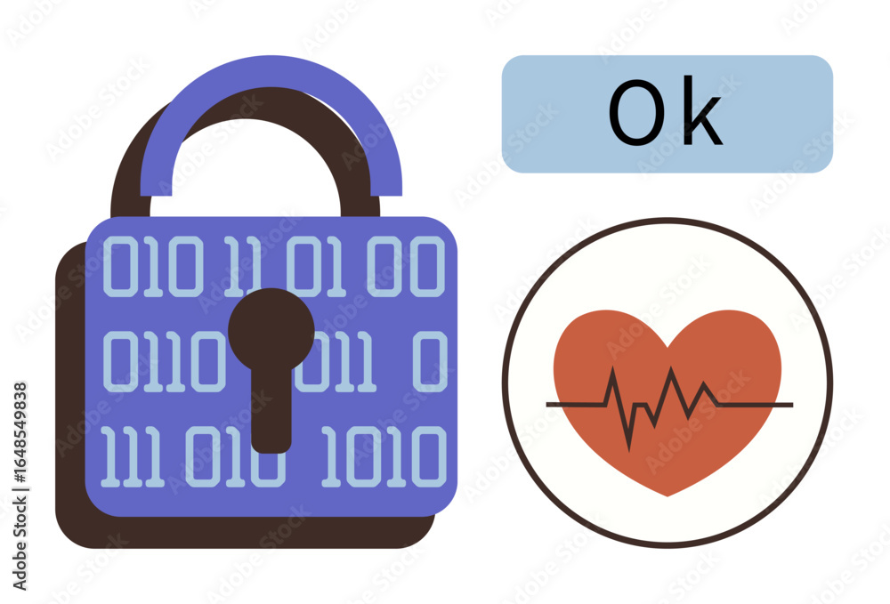 Poster padlock with binary code beside a heart with a heartbeat line and ok message. ideal for data securit