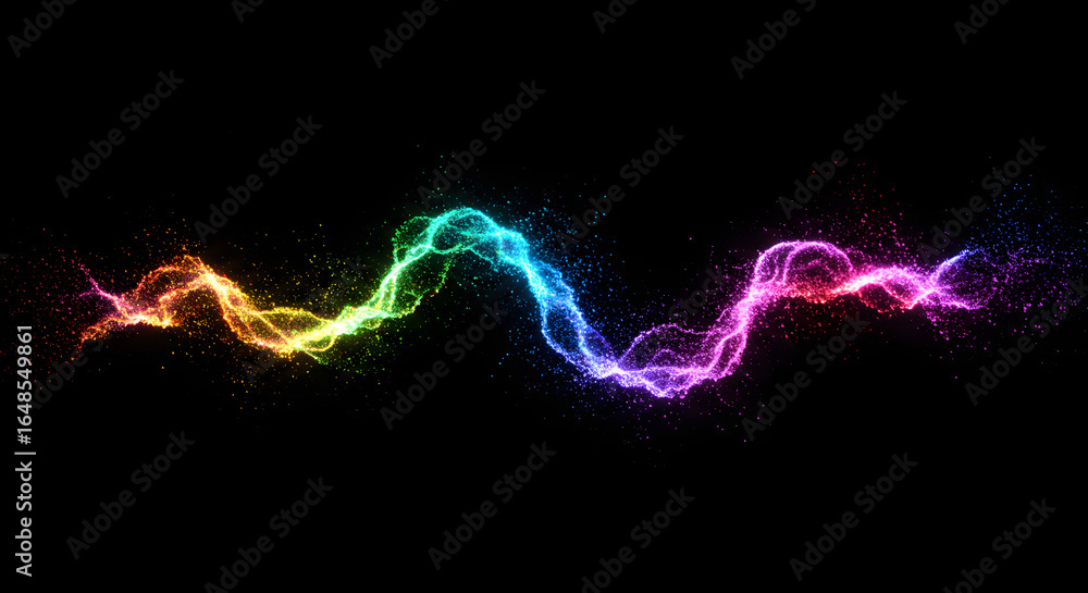 Poster colorful particle wave flowing through the darkness: a vibrant display of light and motion against t
