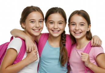 Three happy schoolgirls with backpacks isolated on transparent background