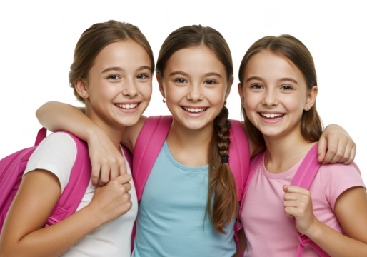 Three happy schoolgirls with backpacks isolated on transparent background