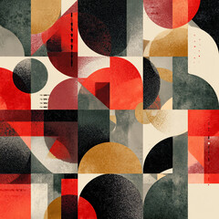 abstract geometric pattern combining Bauhaus shapes and watercolor gradients