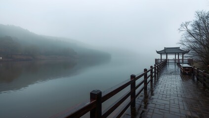 Naklejka premium Misty morning scene of a tranquil lake with a traditional gazebo on a wooden walkway beside a forested hillside