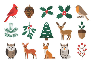 Flat winter christmas holiday decorative elements and wildlife illustrations
