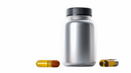 Flat golden cap on white supplement jar with wide blank label area front-facing on neutral background