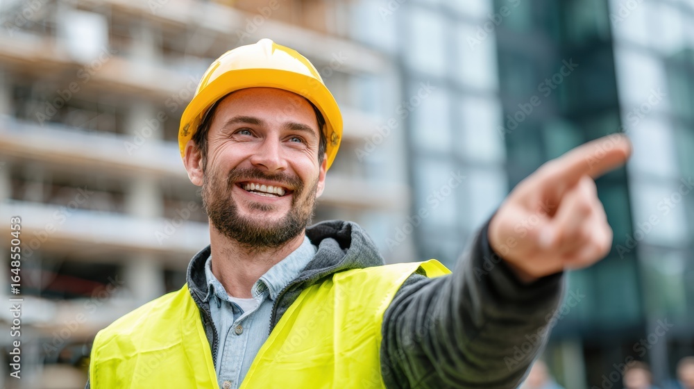Poster a cheerful construction worker in a hard hat points at a building site, embodying teamwork and progr