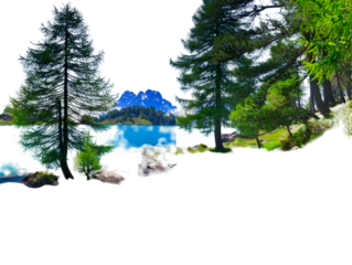 Scenic lake view with mountains and trees isolated on transparent background
