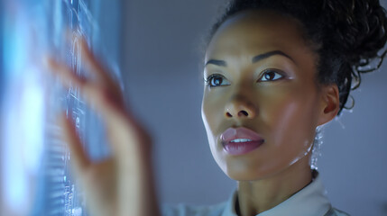 A businesswoman analyzing data on a holographic display futuristic business technology