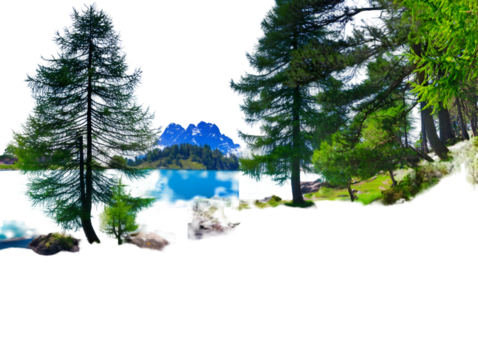 Scenic lake view with mountains and trees isolated on transparent background - Powered by Adobe