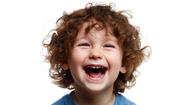 Happy young child with curly brown hair laughing heartily, close-up portrait, cut out transparent - Powered by Adobe