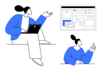 Professionals interact while discussing ideas one uses a laptop, another gestures towards a digital dashboard. Ideal for creativity, communication, teamwork, education, planning, business growth