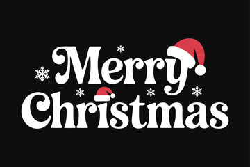 Merry christmas text design with santa hats and snowflakes