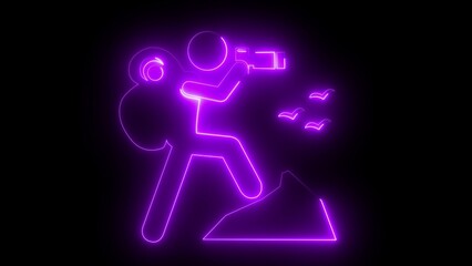 Purple neon silhouette of person with backpack and binoculars on mountain looking at birds