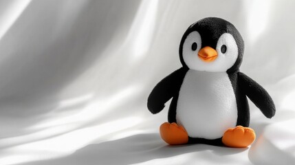 Fototapeta premium Penguin stuffed animal sitting on white fabric background indoors