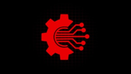Obraz premium Red Gear with Digital Circuit Lines on Black Grid cogwheel