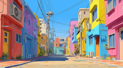 Colorful Urban Street with Vibrant Buildings Under Clear Blue Sky &ndash; Vector Illustration
