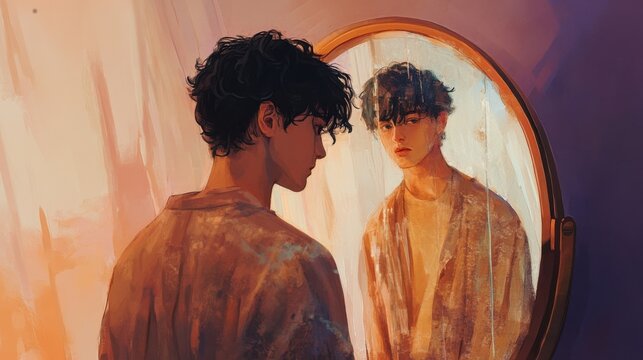 Contemplative young man looking at reflection in bedroom mirror - Powered by Adobe