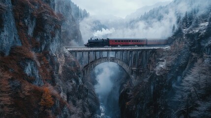 Steam engine train crossing bridge in snowy mountains