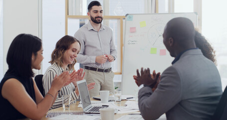 Presentation, board and applause with business people in meeting for planning, success and sales projection. Profit review, teamwork and support with employees in office for revenue growth and bonus
