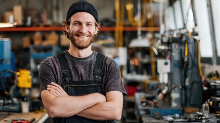 Obraz premium A cheerful craftsman smiles confidently in a well-equipped workshop, showcasing skill and dedication to his trade.