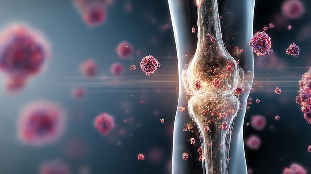 Orthopedic X-Ray View Of Femur Showing Tumor Lesion In Metaphysis Region, Overlaid Medical Labels, Side Panel Showing Microscopic Bone Marrow Cells With Visible Cancer Spread, Profes