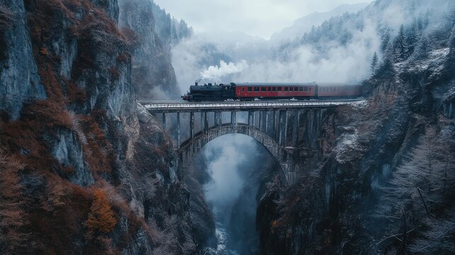 Steam engine train crossing bridge in snowy mountains