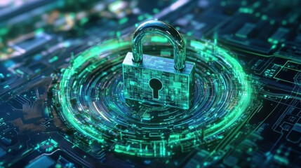Glowing padlock on abstract circuit board design in digital environment