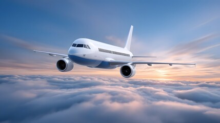 Fototapeta premium Passenger airplane soaring through the sky at sunset