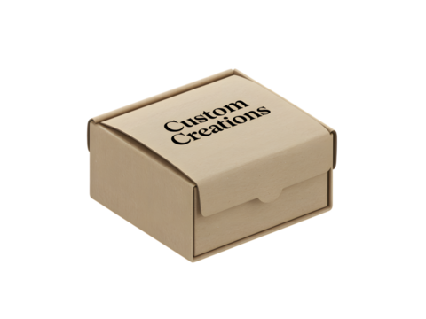 Small cardboard box with custom creations text isolated on a transparent background paper packaging