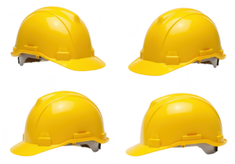Four yellow hard hats isolated on transparent background