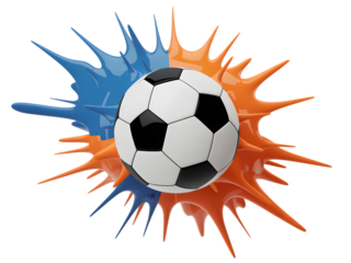Soccer ball burst blue orange splashes isolated on a transparent background sport game